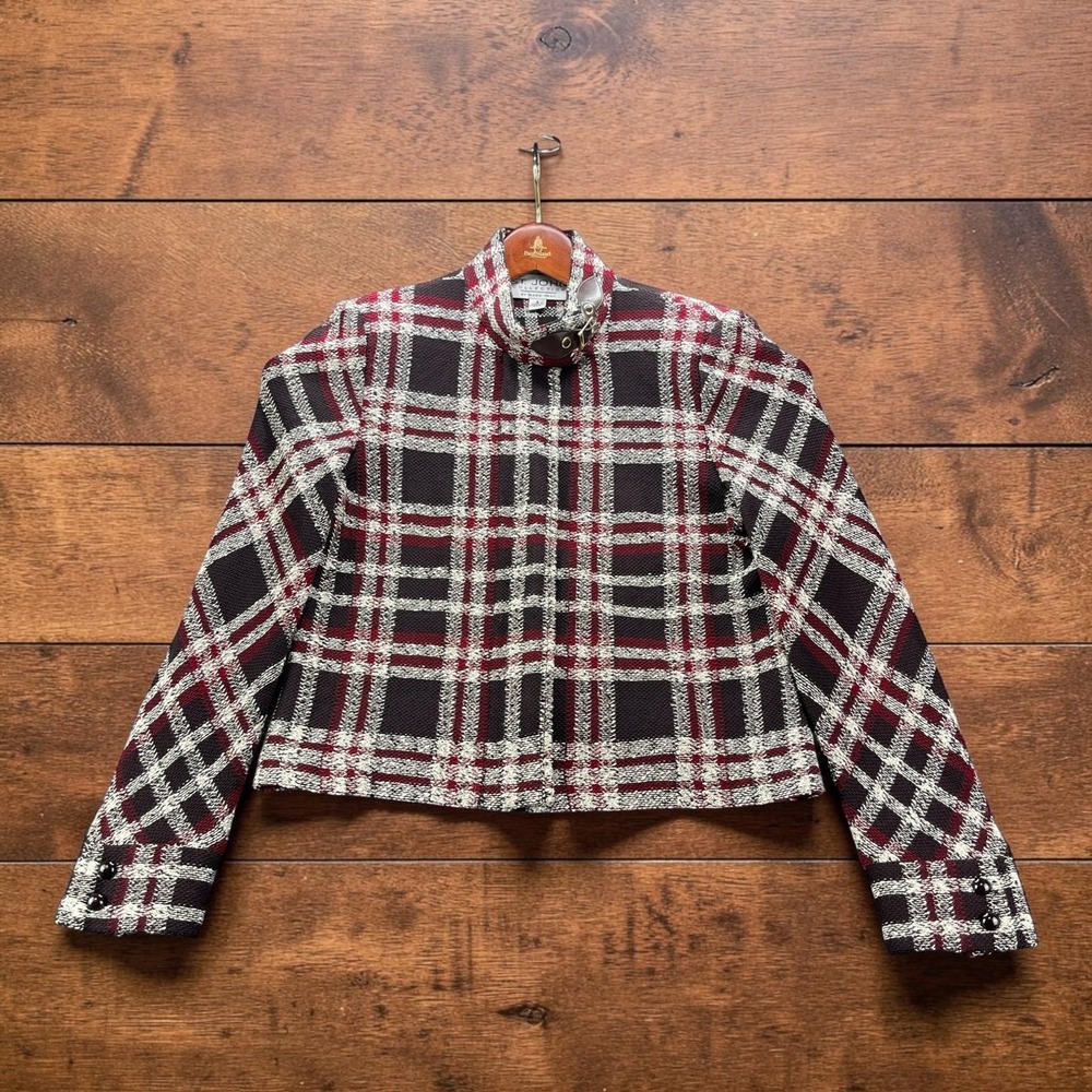 St John Collection Marie Gray Plaid Tweed Knit Jacket Leather Buckle Collar Sz 4